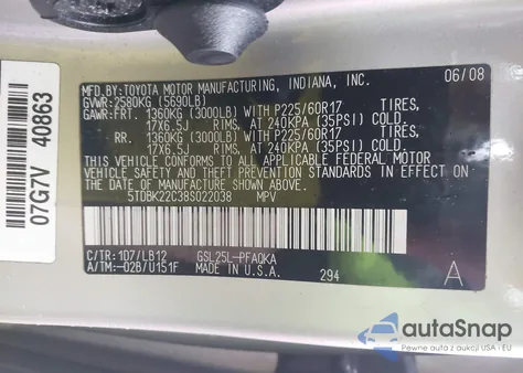 2008 Toyota Sienna Limited z USA, uszkodzony, nr VIN 5TDBK22C38S022038